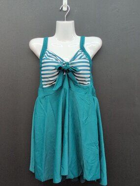 BloomChic Stripes Tie Knot Cross Straps Swim Tankini Dress US 14 Green